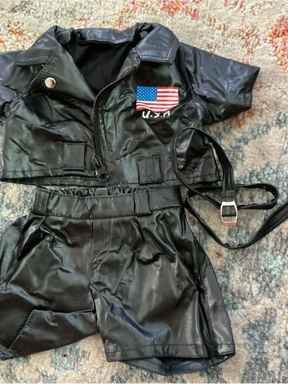 Build-A-Bear Black Pilot Leatherette Outfit with USA Tank